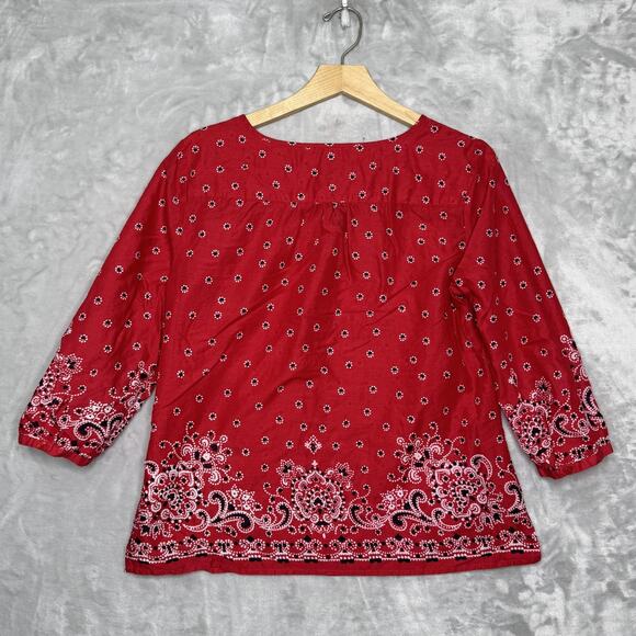 Talbots Shirt Womens Medium Petite Red Tassel Tie 3/4 Sleeve Paisley Border - Picture 2 of 8